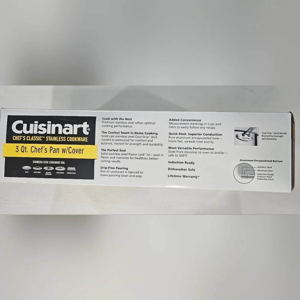 Cuisinart 3 Qt Chefs Pan w/ Lid. Stainless Cookware Cool Grip w/ Measurements
